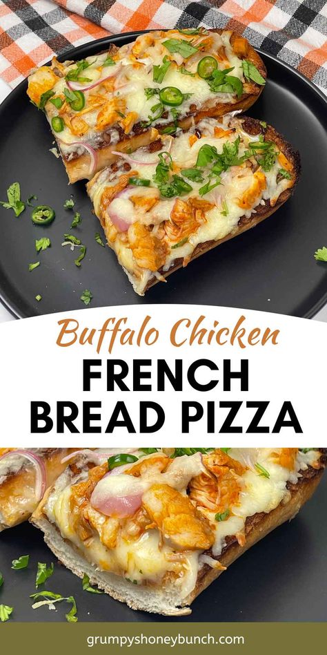 Spice up pizza night with this quick and delicious buffalo chicken French bread pizza! Made with crispy French bread, juicy chicken tossed in buffalo sauce, melted mozzarella, and buttery goodness, it's a perfect blend of flavors and textures. Whether for a game day snack or an easy dinner, this cheesy, spicy pizza will hit the spot! Chicken Finger Pizza, Buffalo Chicken French Bread, Buffalo Chicken French Bread Pizza, Chicken French Bread Pizza, Chicken French Bread, Apple Slice Recipe, Chicken French, Spicy Pizza, Cranberry Chicken Salad