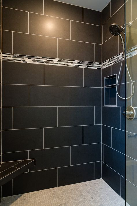 Black Tiled Shower with Accent Strip and Gray Marble Tile Floor 12x24 Black Shower Wall Tile, Black And Gray Tile Bathroom, Grey Tile Walk In Shower Ideas, Black Shower Wall Tile, Black Tiled Shower Ideas, Black Marble Shower Walls, 12x24 Tile Patterns Shower Walls, Black Shower Tile Ideas, Black Shower Tile