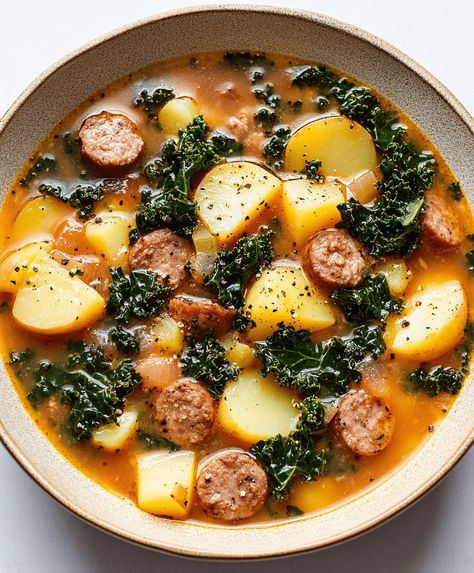 Sausage Potato And Kale Soup Recipe Soup Sausage Kale, Tuscan Kale Sausage Soup, Kale And Potato Recipes, Christmas Eve Soup Recipes, Christmas Eve Soup, Kale And Sausage Soup, Kale Sausage Soup, Potato Sausage Soup, Potato And Kale Soup