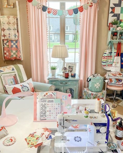 Craft Room Curtains Ideas, Sewing Room Decorating Ideas Easy Diy, Cottagecore Sewing Room, Ikea Craftrooms, Small Sewing Room Ideas, Frances Merrill, She Shed Craft Room, Craft Studio Organization, Small Sewing Rooms