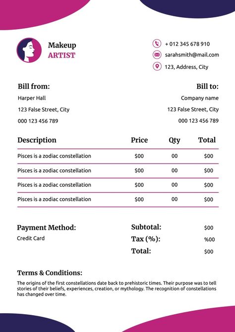 Duotone Freelance Make Up Artist Invoice Brand Kit, Invoice Template, Make Up Artist, Used Tools, Business Branding, Free Graphic Design, Company Names, Constellations, Makeup Artist