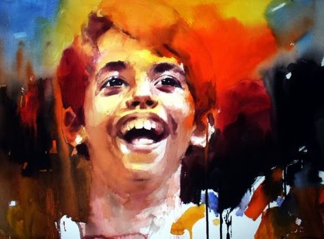 Samir Mondal (India, b. 1952) - "Taare Zameen Par" Like Stars On Earth, Taare Zameen Par, Aamir Khan, Watercolor Artists, Painting Wallpaper, Painting Class, Watercolor Portraits, Watercolor Artist, Portrait Art