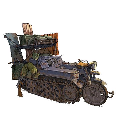 Post Apocalyptic Kettenkrad Bug Out Vehicle - Source Unknown Dieselpunk Vehicles, Steampunk Vehicle, Apocalypse World, Post Apocalyptic Art, Stunt Bike, Post Apocalyptic Fashion, Bug Out Vehicle, Apocalypse Survival, Bobber Chopper