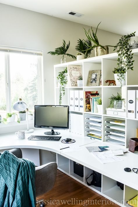 Ikea Home Office Ideas: My New Design Studio Reveal! - Jessica Welling Interiors Home Office Setup L Shaped Desk, Kallax Organization Ideas Office, Desk With Cabinets Above, Side By Side Desk Home Office, Office With Large Desk, Realtor Apparel, Ikea Home Office Ideas, Kallax Bookshelf, Under Desk File Cabinet