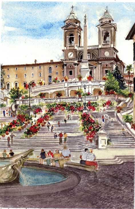 Rome Watercolor Painting, Colleseum Rome, Rome Drawing, Italian Pictures, Rome Illustration, Rome Watercolor, Spanish Steps Rome Italy, Rome Buildings, Spanish Steps Rome