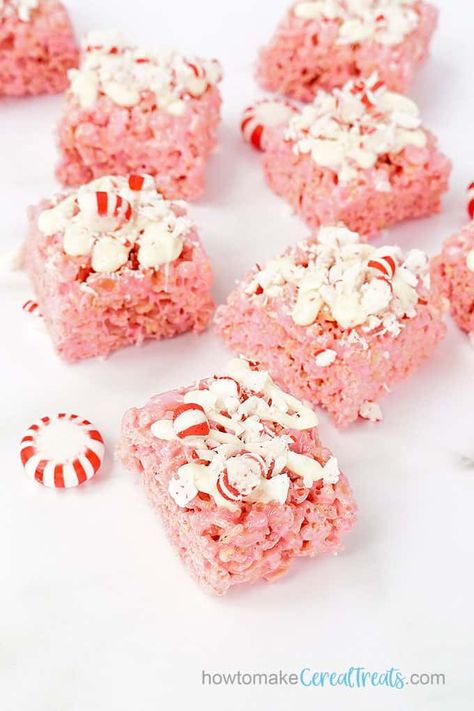 Cereal Restaurant, Pink Rice Krispie Treats, Peppermint Rice Krispie Treats, Rice Treats, Peppermint Dessert, Peppermint Treats, White Chocolate Drizzle, Pink Rice, Desserts Christmas