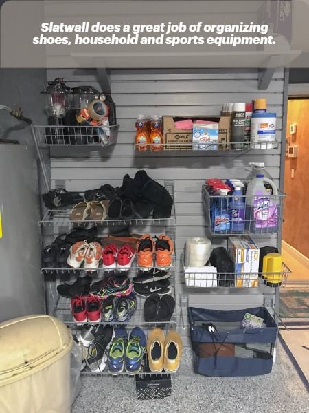 Slatwall garage storage system is perfect for storing shoes, tools and more. Using different attachment accessories slatwall storage is perfect for endless types of organization. Slatwall Organization, Slatwall Garage, Garage Shoe Storage, Storing Shoes, Slate Wall, Garage Storage Systems, How To Store Shoes, Garage Interior, Garage Makeover