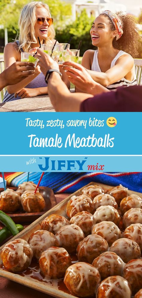 Liven up your end of Summer get-together! Tasty, zesty Tamale Meatballs go great with a refreshing, Summer beverage. 

Made with: "JIFFY" Corn Muffin Mix. Jiffy Cornbread Appetizers, Tamale Meatballs, Cornbread Appetizer, 9x13 Recipes, Jiffy Recipes, Mexican Meatballs, Meals Without Meat, Jiffy Mix, Corn Muffin