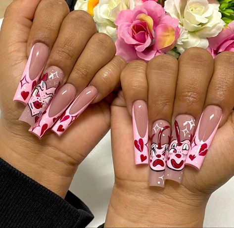 Valentines Day Junk Nails, Valentines Day Fits Baddie, Drawing On Nails, Vday Nails, Valentine Nail Art, Glamour Nails, Nail Designs Valentines, Long Acrylic Nail Designs, Striped Nails