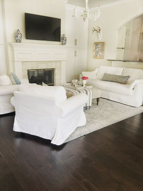 Ektorp Chair, Slipcovered Sofa Living Room, White Living Room Chairs, Dark Wood Floors Living Room, Ikea Bedroom Furniture, Sofa Ikea, Living Room Wood Floor, White Wood Floors, Ikea Ektorp