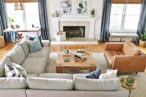 Sectional Plus Chair Layout, Open Concept Sectional Living Room, Open Living Room With Sectional, Open Living Room Couch Placement, Sectional With Fireplace Layout, Sectional And Oversized Chair Layout, Living Room Sectional Layout, Sectional Sofa Ideas Layout, Sectional And Chair Layout