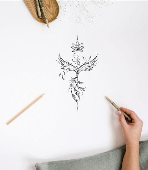 Lotus Flower With Phoenix Tattoo, Geometric Phoenix Tattoo Feminine, Fine Line Phoenix Tattoo Women, Fenix Tattoo Woman Arm, Talitha Koum Tattoo, One Line Phoenix Tattoo, Fine Line Phoenix Tattoo, Mindfulness Drawing, Delicate Tattoo Ideas