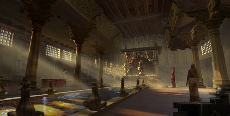 Desert Temple Interior, Temple Interior Concept Art, Fantasy Temple Interior, Temple Interior, Indian Palace, Interior Concept Art, Environment Sketch, Indian Temple Architecture, Persian Architecture