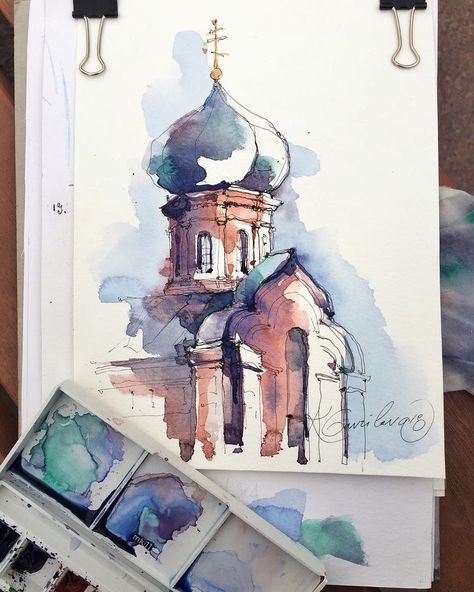 Simple Art Drawings, City Sketch, Watercolor Architecture, Architecture Painting, Doodle Illustration, Sketch Painting, Watercolor Sketch, Watercolor Drawing, Architecture Sketch