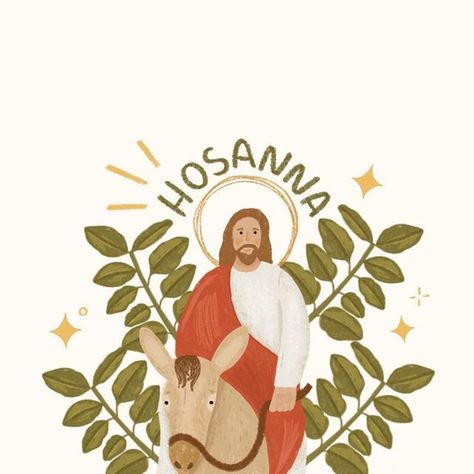 Peony&June Illustration | Roberta on Instagram: "Palm Sunday 🌿 Christ enters Jerusalem on a donkey, greeted by a crowd acclaiming him and shouting “hosanna!”, waving palm branches and laying cloaks on the ground to honor him." Hosanna Palm Sunday, Palm Sunday Painting, Palm Sunday Illustration, Palm Sunday Graphic, Palm Sunday Outfit, Donkey Illustration, June Illustration, Easter Window, Palm Branch