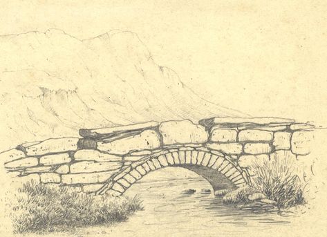 Bridge Tattoo Simple, Rock Bridge Drawing, Drawing Bridges Sketches, Landscaping Drawing, Bridge Sketch Simple, Stone Bridge Drawing, Bridge Scenery Drawing, Old Bridge Drawing, Bridge Over River Drawing