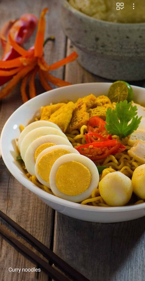 Curry Broth, Yellow Noodles, Fish Balls, Creamy Curry, Fish Ball, Hard Boiled, Hard Boiled Eggs, Boiled Eggs, Fresh Herbs