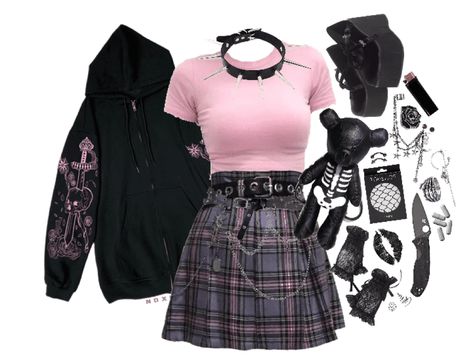 Cute Outfits Pink And Black, Pastel Goth Outfit Ideas, Pink Alt Outfits, Black And Pink Outfit Ideas, Comfy Goth Outfits, Egirl Outfit Ideas, Witchy Fits, Comfy Goth, Pink Goth Aesthetic