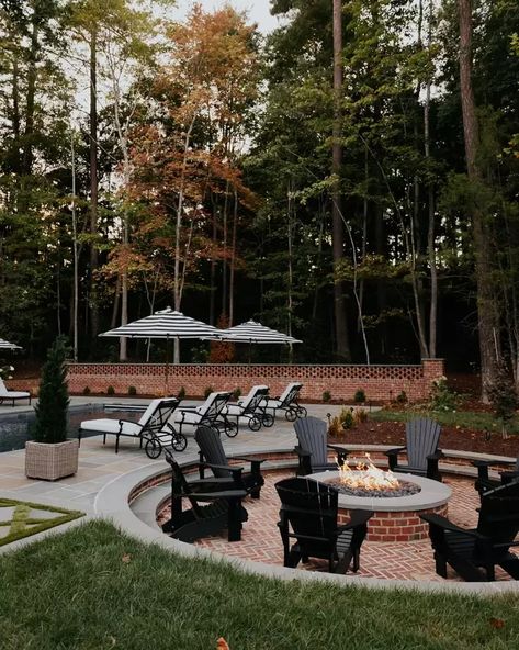 Adirondack Chairs Fire Pit, Black Adirondack Chairs, Fire Pit And Adirondack Chairs, Traditional Backyard, Sunken Fire Pit, Fire Pit Ideas Backyard, Landscaping Pool, Sunken Fire Pits, Fire Pit Ideas