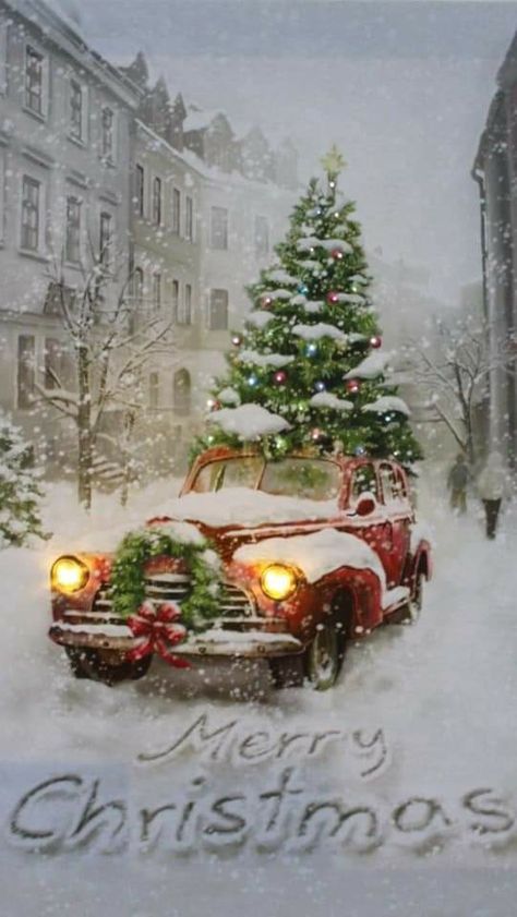 "Merry Christmas!" 🎄 ~Repinned by Jolly Ollie ((🙃)) Vintage Merry Christmas Images, Old Christmas Pictures, Red Truck Christmas Wallpaper, Christmas Wallpaper Vitage Free, Rustic Chreistmas Tree Images, Red Truck Christmas Tree Wallpaper, Old Red Truck Christmas Wallpaper, Old Christmas Cards, Old Time Christmas