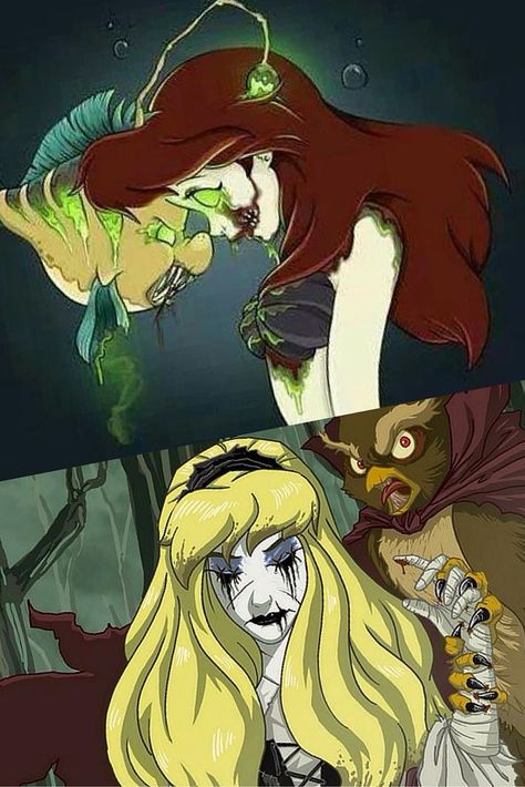 Gothic Ariel and sleeping beauty my edit Scary Disney Drawings, Creepy Disney Drawings, Dark Sleeping Beauty, Gothic Disney Princesses, Disney Ghost, Evil Disney Princesses, Scary Disney, Disney Zombie, Creepy Disney