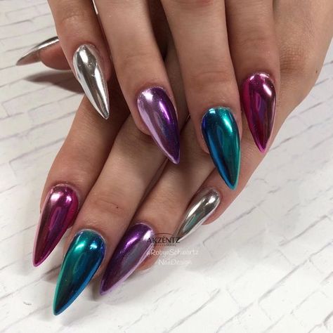 Multicolour Chrome Nails, Shellac Nail Art, Maroon Nails, Chrome Nails Designs, Fall Nail Art Designs, Diy Acrylic Nails, Chrome Nail, Vibrant Nails, Glow Nails