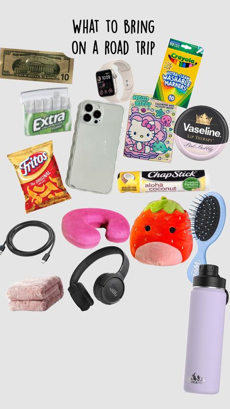 what to bring on a road trip! in the car edition! there is many other things you can bring but these are just a few! #roadtrip #longcarrides #packwithme #fun What To Do On A Road Trip, Things To Bring On A Road Trip, Things To Do On A Road Trip In The Car, Games For Road Trips, Fun Road Trip Games, Trip Essentials Packing Lists, Road Trip Necessities, Road Trip Kit, Lilly Pulitzer Outfits