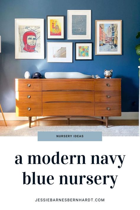 A navy blue nursery with gallery wall and midcentury modern dresser Blue Girl Nursery, Navy Blue Girl, Blue Nursery Girl, Navy Blue Nursery, Navy Nursery, Baby Number 2, Blue Girl, Wood Bookshelves, Kids Room Inspiration