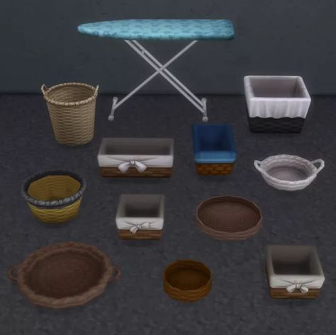 Baskets & Ironing Board Table - Brazen Lotus Galvanized Sink, Sims 4 Cc Objects, Ironing Board Tables, The Moo, Square Basket, Sink Basket, Board Table, Mod Decor, Square Baskets