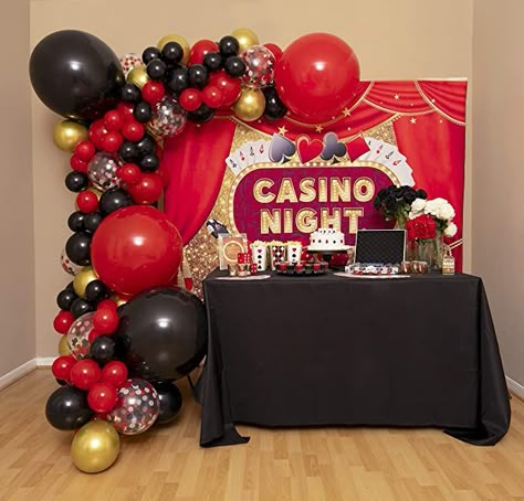 Casino Night Balloon Garland, Casino Theme Balloon Garland, Casino Balloon Arch, Casino Birthday Party Ideas For Men, Red Black Party, Vegas Balloon Arch, Red And Black Party Ideas For Men, Casino Balloon Garland, Casino Birthday Party Decorations