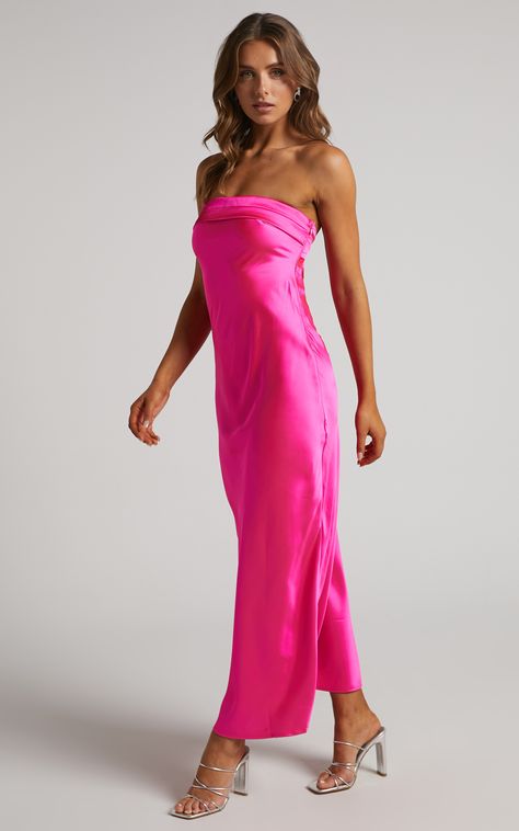 Pink Prom Dresses Satin, Pink Satin Strapless Dress, Elegant Maxi Dress With Sleeves, Hot Pink Dress Formal, Bright Pink Prom Dress, Hot Pink Tube Dress, Pink Formal Dresses Long, Hot Pink Long Dress, Long Dresses Wedding