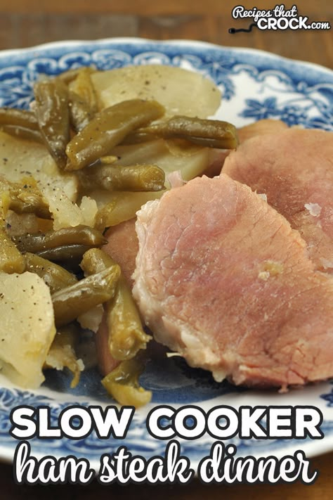 This easy Slow Cooker Ham Steak Dinner recipe is a delicious one pot meal that was devoured in my house. This is a comfort food recipe that is sure to be a family favorite! Crock Pot Ham Steak Recipes, Slow Cooker Ham Steak Recipes, Recipe For Ham Steak, Slow Cooker Ham Steak, Ham Steak In Crockpot, Ham Steak Crockpot Recipes, Recipes Using Ham Steaks, Crockpot Ham Steak Recipes, Ham Steaks In Crockpot