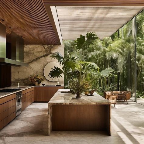 Tropical Kitchen, Modern Tropical House, Japandi Interiors, Tropical House, Mediterranean Homes, Modern Kitchen Design Luxury, Luxury House Designs, Open Kitchen, Mid Century House