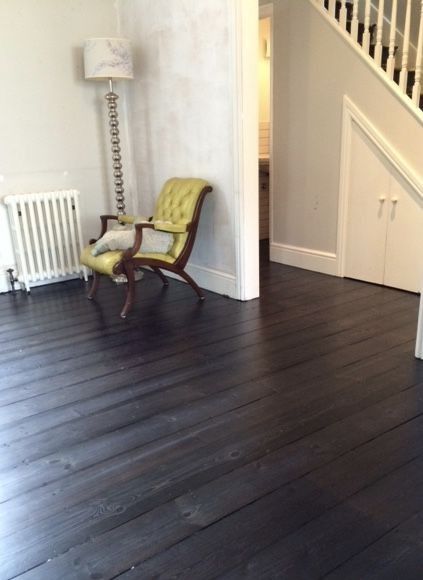 Painted Black Wood Floors, Black Stained Wood Floors, Black Floorboards, Staining Hardwood Floors, Black Floors, Distressed Wood Floors, Plywood Floors, Staining Wood Floors, Black Wood Floors