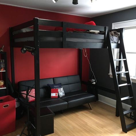 Stora loft bed. Cut 6" off legs. In room with 8' ceiling. (14cm higher than ours) Loft Bed With Chairs Underneath, Black Loft Bed Ideas, Loft Bed Couch Underneath, Loft Bed Kid, Loft Bedrooms Ideas, Boy Loft Bedroom Ideas, Loft Bed With Couch Underneath, Black Red Room, Diy Loft Bed For Teens