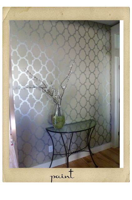 Wall Stencil with  Martha Stewart Metallic Paint Silver Wallpaper Bedroom, Silver Wallpaper Living Room, Hallway Wallpaper, Wallpaper Soft, Trellis Wallpaper, Hal Decor, Silver Wallpaper, Wall Stencil, Wallpaper Accent Wall