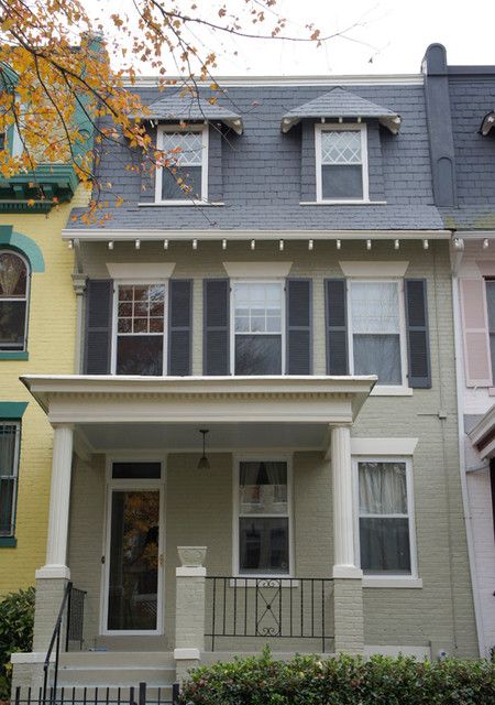 Exterior Benjamin Moore Nantucket Gray Design, #exterior #paint #color Rowhouse Exterior, Nantucket Gray Benjamin Moore, Nantucket Gray, Taupe Paint Colors, Benjamin Moore Exterior, House Traditional, Taupe Paint, Town Homes, Outside Paint