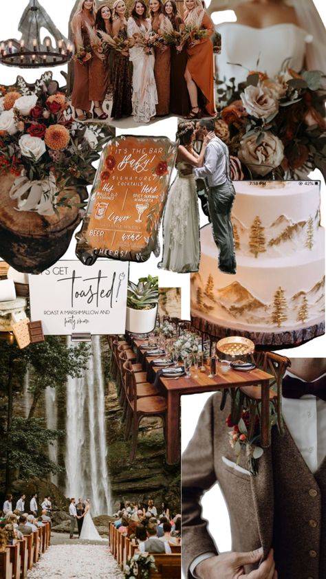 Orange Green Brown Outdoor Woods Waterfall Mountain Fall Wedding Western Mountain Wedding, Mountain Fall Wedding, Boho Mountain Wedding, Personal Collage, Wedding Styles Themes, Waterfall Mountain, Outdoorsy Wedding, Fall Mountain Wedding, Fall Wedding Venues