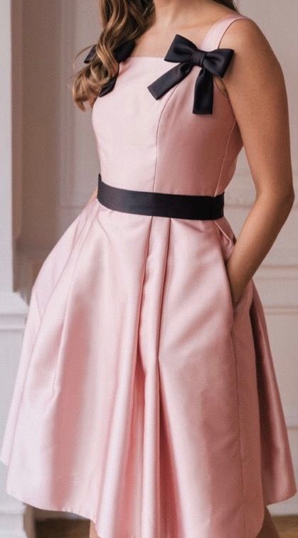 Pink Satin Dress with Black Bows Black Dress With Pink Bow, Gucci Black Dress, Spoiled Girl, Pink Satin Dress, Black Bows, Black Ribbon, Gucci Black, Satin Dress, Black Bow