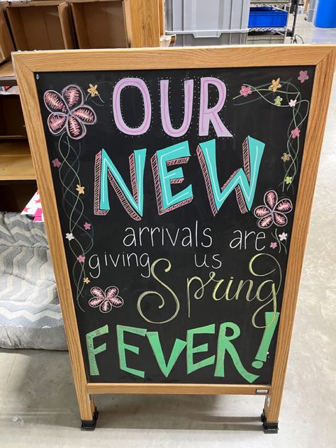 Spring Retail Chalkboard Signs, Spring Retail Display Ideas, Small Business Chalkboard Sign Ideas, Spring Boutique Window Displays, Chalkboard Business Sign Ideas, Chalk Sign Ideas Business, Chalkboard Sale Sign Ideas, Spring Boutique Display Ideas, Chalk Board Signs For Stores