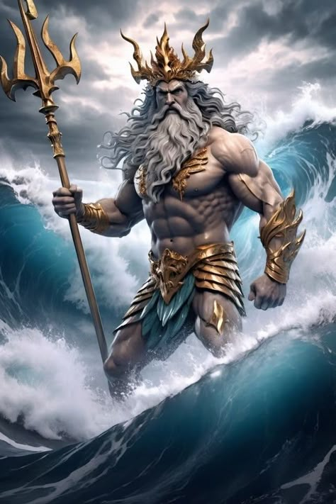 Poseidon / Neptune Poseidon Art, God Of Sea, Mermaid Water, Greek Sea, Son Of Zeus, Greek Goddess Costume, Greek Warrior, Classical Mythology, Ancient Greek Architecture