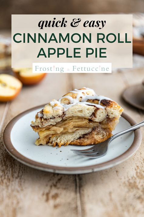 This easy apple pie recipe is made with pre made cinnamon rolls as the pie crusts. It is then filled with a juicy apple pie filling and baked until golden brown. Top this apple cinnamon roll pie with a sweet vanilla glaze for a delicious, warm, and comforting easy fall dessert. Apple Pie Recipe Cinnamon Roll Crust, Apple Pie Cinnamon Roll Crust, Cinnamon Roll Crust Apple Pie, Apple Pie With Cinnamon Roll Crust, Cinnamon Roll And Apple Pie Filling, Juicy Apple Pie, Cinnamon Roll Pie Crust, Cinnamon Roll Pie, Cinnamon Roll Crust