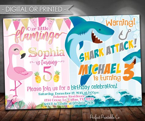 Flamingo Shark Invitation, Flamingo Shark Birthday Invitation, Flamingo or Shark Party Invite, Sibling, Brother Sister, Twin #642 by PerfectPrintableCo on Etsy Mermaid And Shark Birthday Party, Mermaid Shark, Shark Birthday Party Invitation, Shark Invitation, Sibling Birthday Parties, Combined Birthday Parties, Pirate Birthday Invitations, Mermaid Birthday Party Invitations, Shark Birthday Invitations