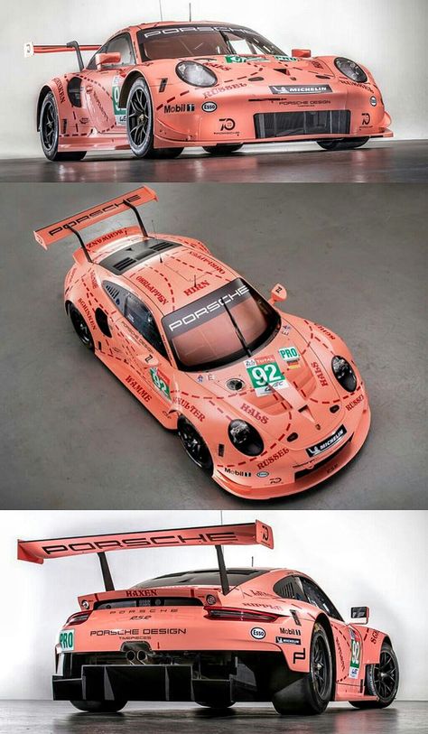 2018 LeMans 24 - The Porsche Pink Pig returns! Porsche painted one of the team's 917/20 Le Mans cars in 1971 in one of the wildest schemes ever seen on a race car. The car was a favorite among fans, and was variously called "Truffle Hunter", "Rosa Sau",  "Pink Pig", and "Fat Berta."  Porsche brought the livery back this year as a tribute. The 2018 991 RSR, a fan favorite became winner of Le Mans 2018 GTE-PRO class.  #WEC #LeMans24 #Porsche911RSR #PinkPig Pink Porsche Gt3 Rs, Pink Pig Porsche, Pink Porshe 911gtr, Porsche Pink, Porsche Livery, Porsche Pink Pig 917, Pink Race Car, Porsche Race Cars, Le Mans Cars