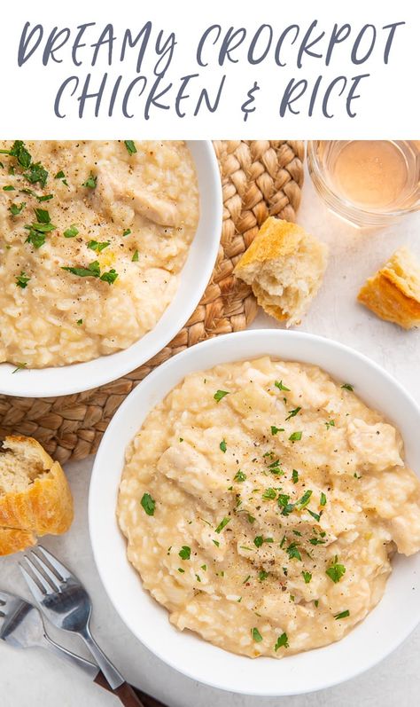 This chicken and rice is positively dreamy! It's creamy and rich, like a risotto, but made in the Crockpot! It cooks to perfection while you do... well, anything else! Perfectly cheesy but still made with simple, real ingredients, it's hearty and family friendly. Perfect as leftovers, too. #crockpot #easydinner #chickenandrice Crockpot Chicken And Rice, Chicken And Rice Crockpot, Creamy Crockpot Chicken, Creamy Chicken And Rice, Easy Skillet Meals, Family Friendly Dinners, Cheap Dinners, Chicken And Rice, Real Ingredients