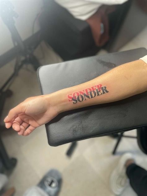 Tattoo Bold Red Word Tattoo, Brent Tattoo Ideas, R&b Tattoo, Sonder Tattoo Fonts, Sonder Tattoo Ideas, Tattoos With Red Ink, Matching Tattoos Black People, Brent Tattoo, Black And Red Tattoo Sleeve