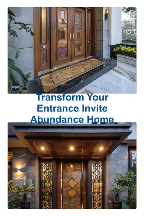 Elegant wooden double door entry with decorative glass panels and a stylish stone pathway. Professional Office Design, Vastu Tips For Home, Luxury Houses Entrance, Interior Design Styles Quiz, Row House Design, Home Entrances, Luxury Villa Design, Vastu House, Design Style Quiz