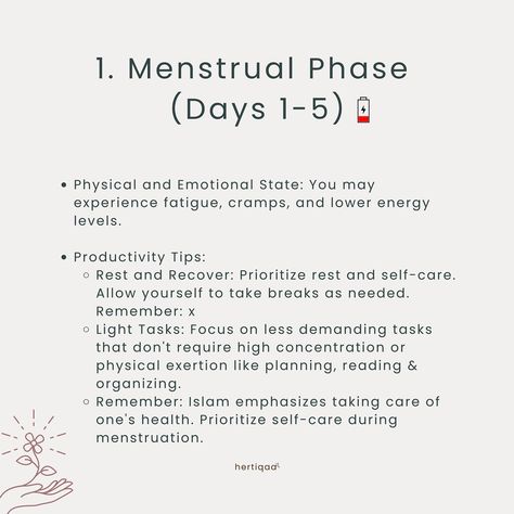 Understanding our menstrual cycle isn’t just about health—it’s crucial for optimizing productivity and spiritual well-being. 🌙 Our Creator, Allah, acknowledges the natural variations in our energy and capabilities during different phases of the cycle, even adjusting religious obligations. This divine recognition highlights the importance of aligning our routines with these natural rhythms. During the menstrual phase, low energy is natural as hormone levels drop. Use this time for reflection... Menstrual Phase, Cycle Syncing, Our Energy, Hormone Levels, Spiritual Wellness, Low Energy, Energy Level, Self Care, Physics