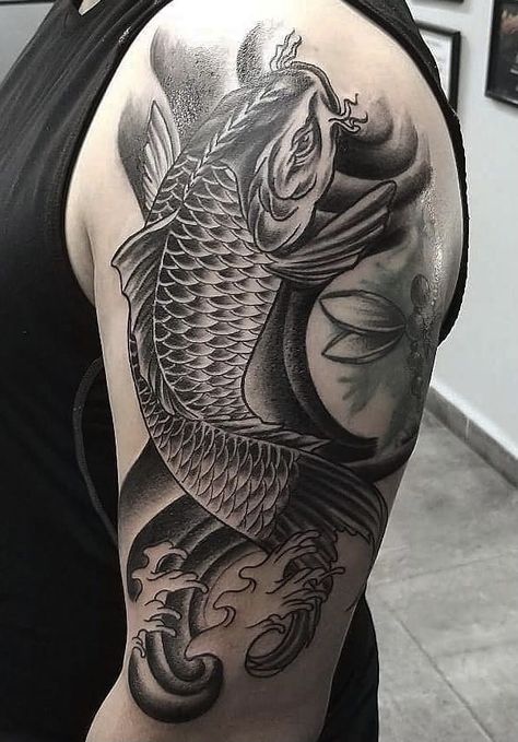 KOI FISH HALF SKEEVE BLACK ANF GREY Karp Koi Tattoo, Koi Fish Tattoo Black And Grey, Black Koi Fish Tattoo Design, Chinese Fish Tattoo, Coi Tattoo, Bhuddist Tattoos, Black Koi Fish Tattoo, Pez Koi Tattoo, Koi Fish Tattoo Design