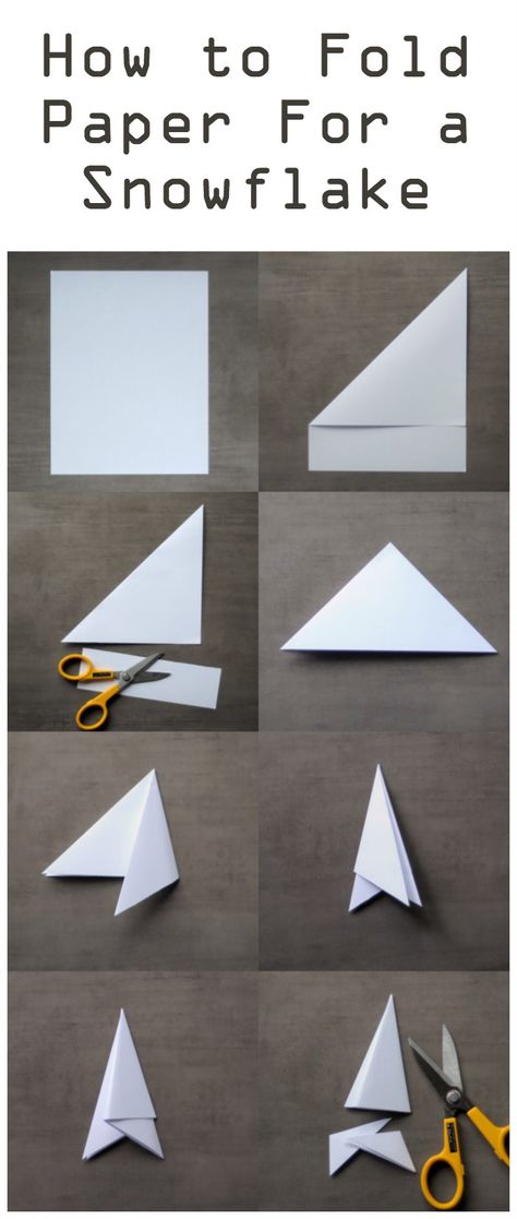 How to fold paper to make a snowflake Paper Flakes Diy, How To Fold Paper For Snowflakes Easy, How To Fold For Paper Snowflakes, Snowflake Pattern Paper, How To Cut Snow Flakes Out Of Paper, Snow Flake Paper Pattern, How To Do A Snowflake Paper, Paper Snowflake Folding, Folding Paper Snowflakes